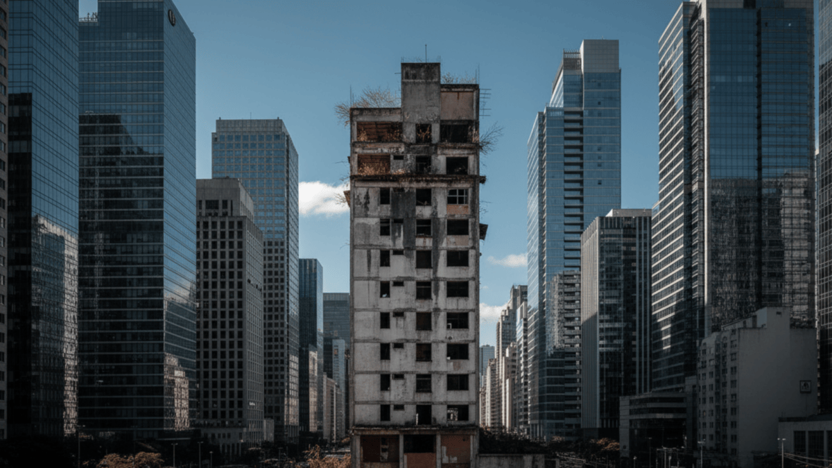 Imagem gerada por inteligência artificial: representação de São Paulo com um edifício em ruína - Imagem: Guilherme Castro Sousa, via Adobe Firefly (IA generativa)
